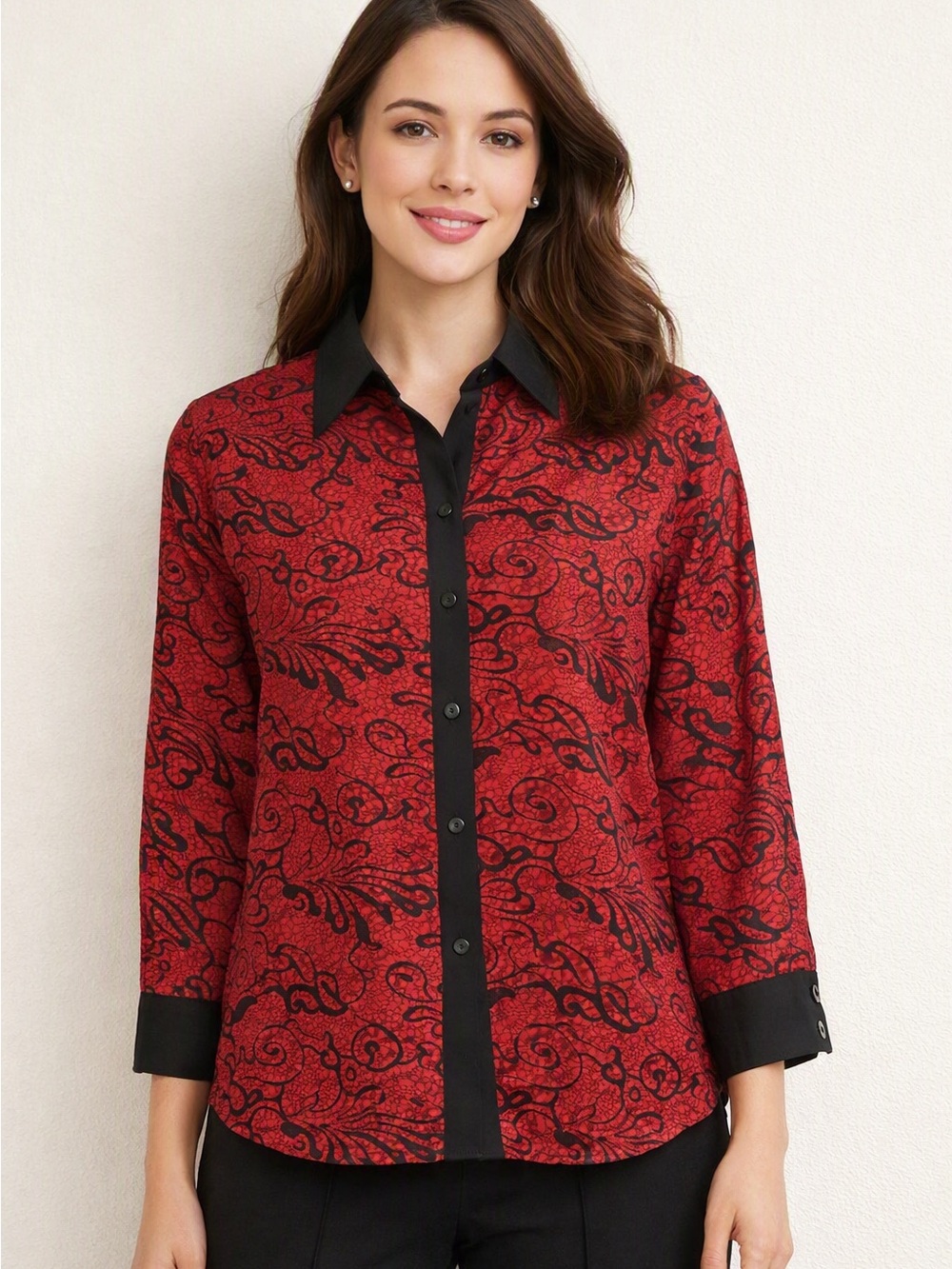 Worthington Red Paisley Button-Down Shirt with Black Trim
